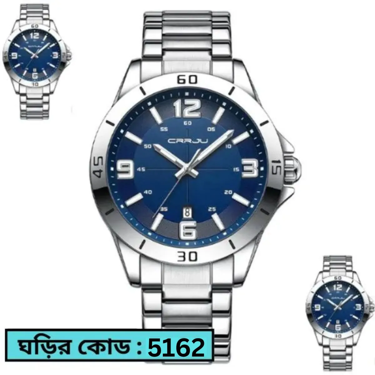 CRRJU MODEL 5003 Man’s Premium Quality Watch Silver Chain Dial Blue Cooler Man Watch date shoho + এক পিস ব্যাটারি ফ্রি। - Image 3