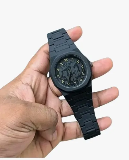 Arabic  Watch Full Black Colour Dial Stone Yellow Arabic Plastic Carbon Fiber body Watch এক পিস ব্যাটারি ফ্রি - Image 3