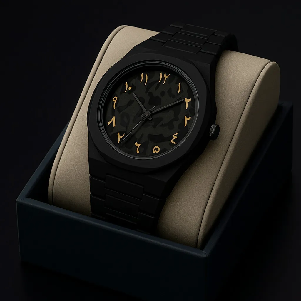Arabic  Watch Full Black Colour Dial Stone Yellow Arabic Plastic Carbon Fiber body Watch এক পিস ব্যাটারি ফ্রি - Image 5