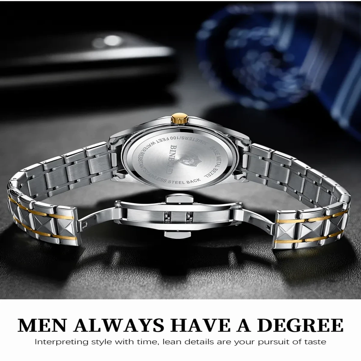 Luxury Binbond Stainless Steel Classic Waterproof Watch Toton ar Dial Black - Image 4