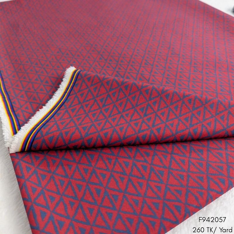 Maroon-Matte Blue Geometric Design Stretchable Fabric F942057