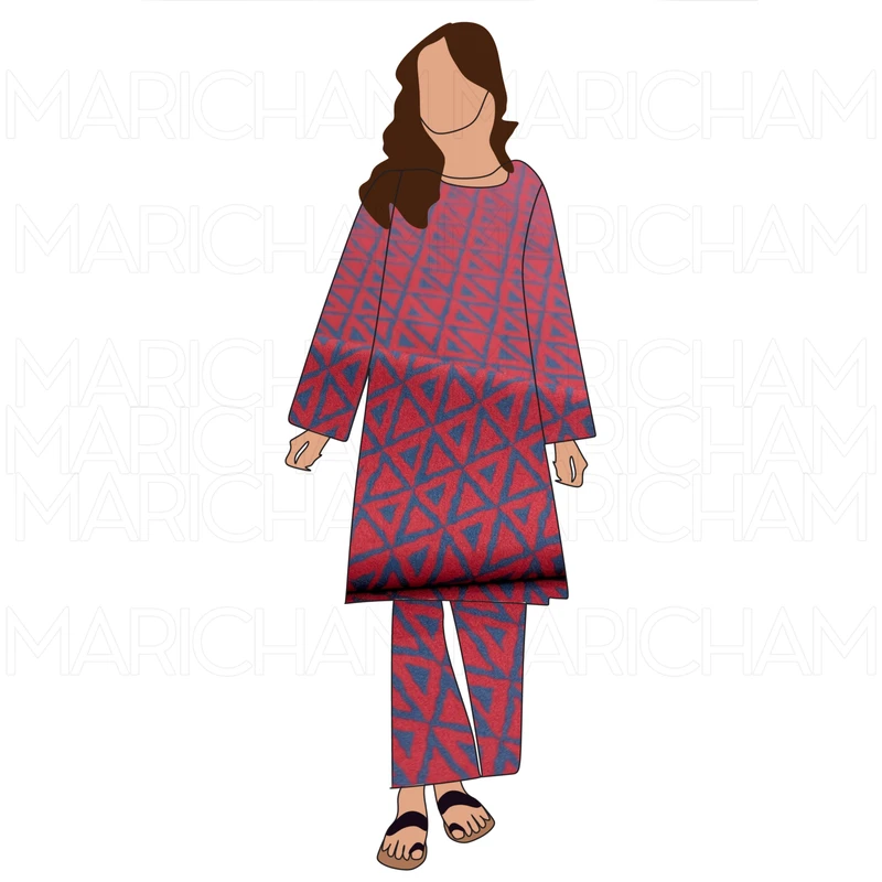 Maroon-Matte Blue Geometric Design Stretchable Fabric F942057 - Image 9