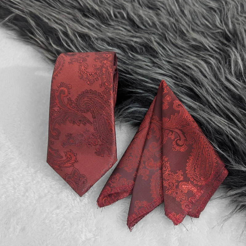 Red Paisley Neck Tie & Pocket Square Set.  TS-7