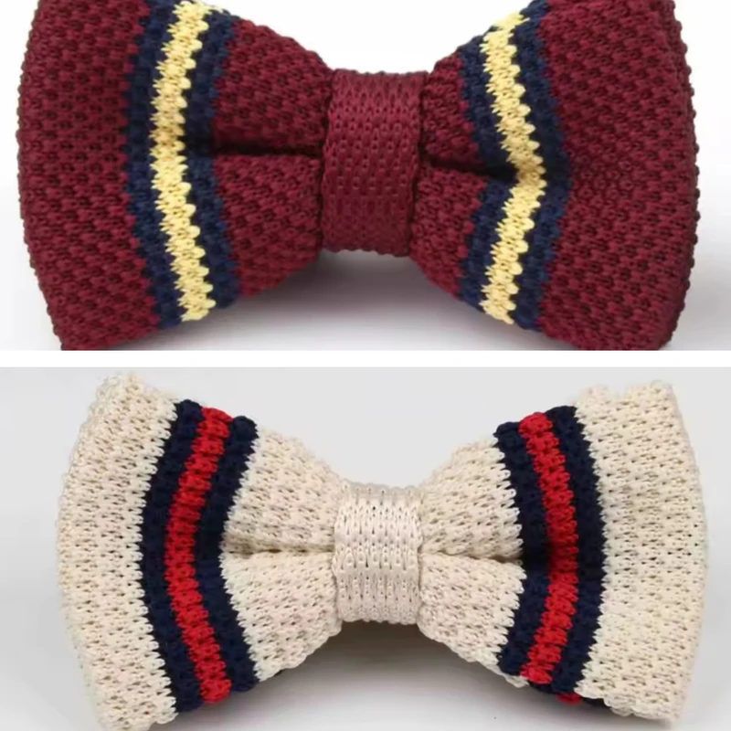 White-Red-Blue Striped Knitted Bow Tie. Bow-8