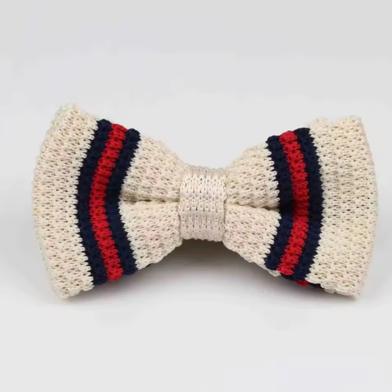 White-Red-Blue Striped Knitted Bow Tie. Bow-8
