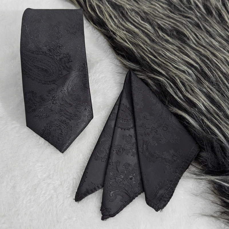 Black Paisley Neck Tie & Pocket Square Set. TS-9