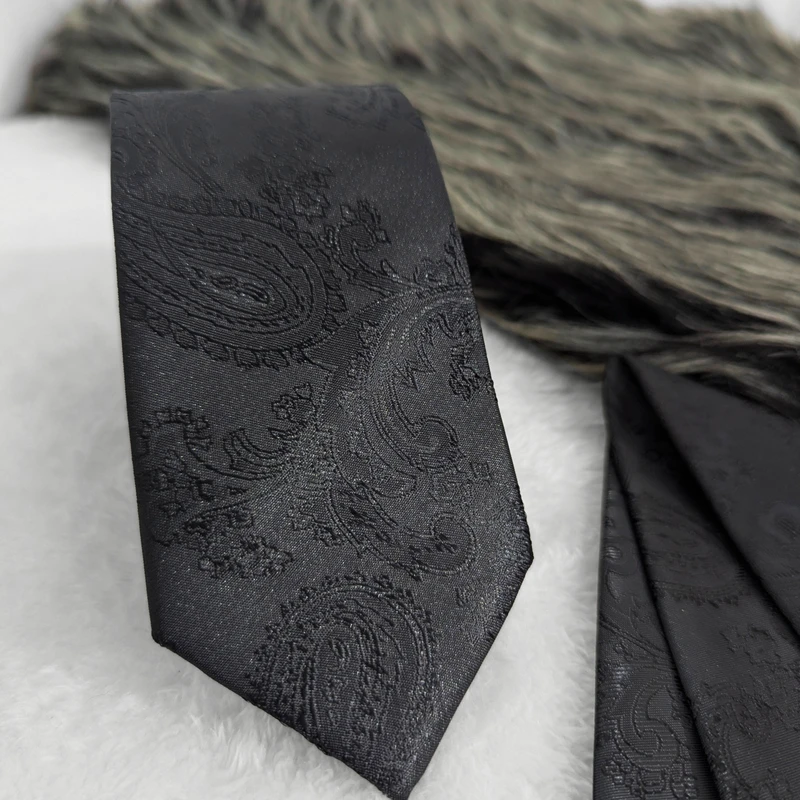 Black Paisley Neck Tie & Pocket Square Set. TS-9