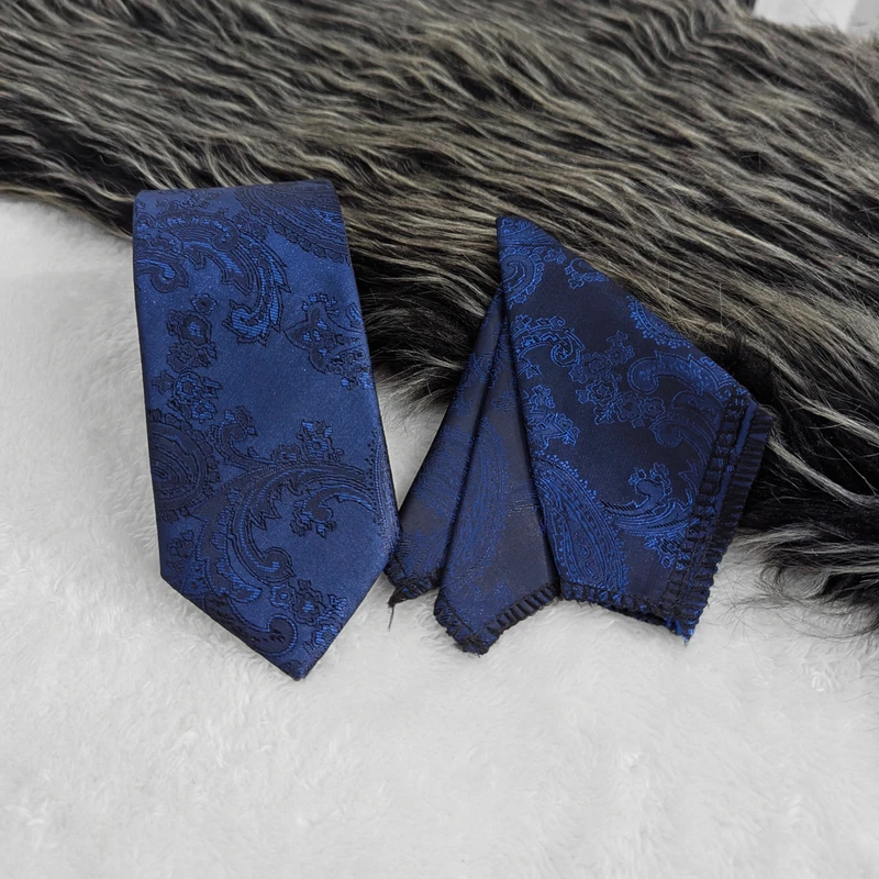 Navy Blue Paisley Neck Tie & Pocket Square Set.  TS-12