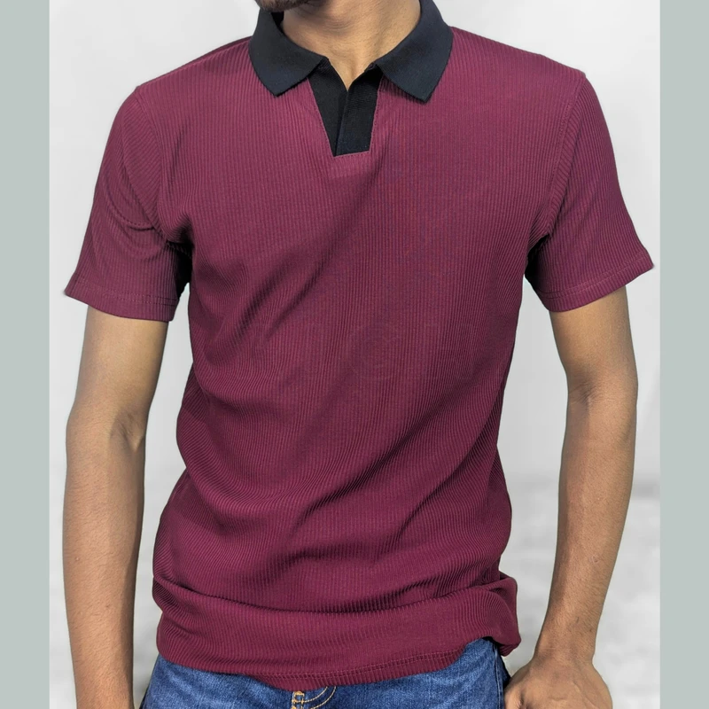 Mocha Brown Ribbed Cotton Polo. PK-05 - Image 3