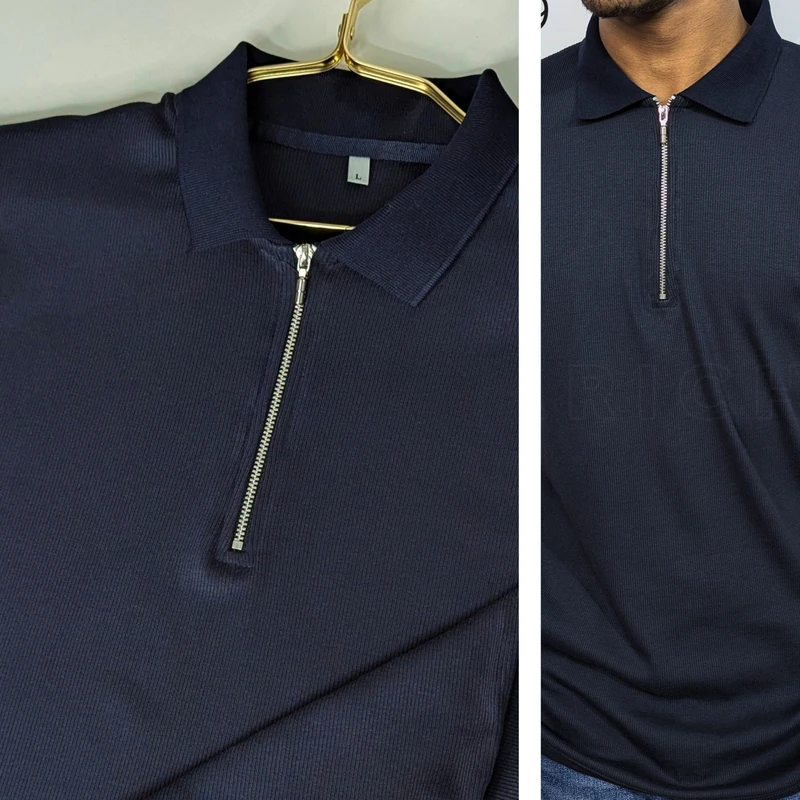 Navy Blue Ribbed Cotton Polo. PK-09