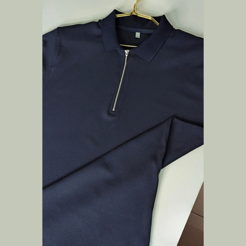 Navy Blue Ribbed Cotton Polo. PK-09