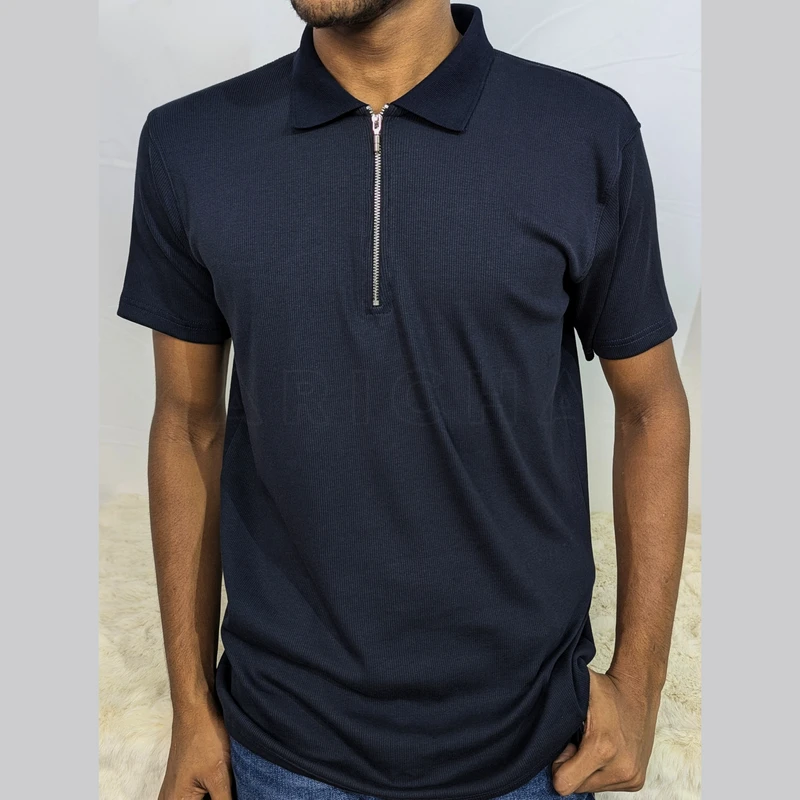 Navy Blue Ribbed Cotton Polo. PK-09 - Image 3