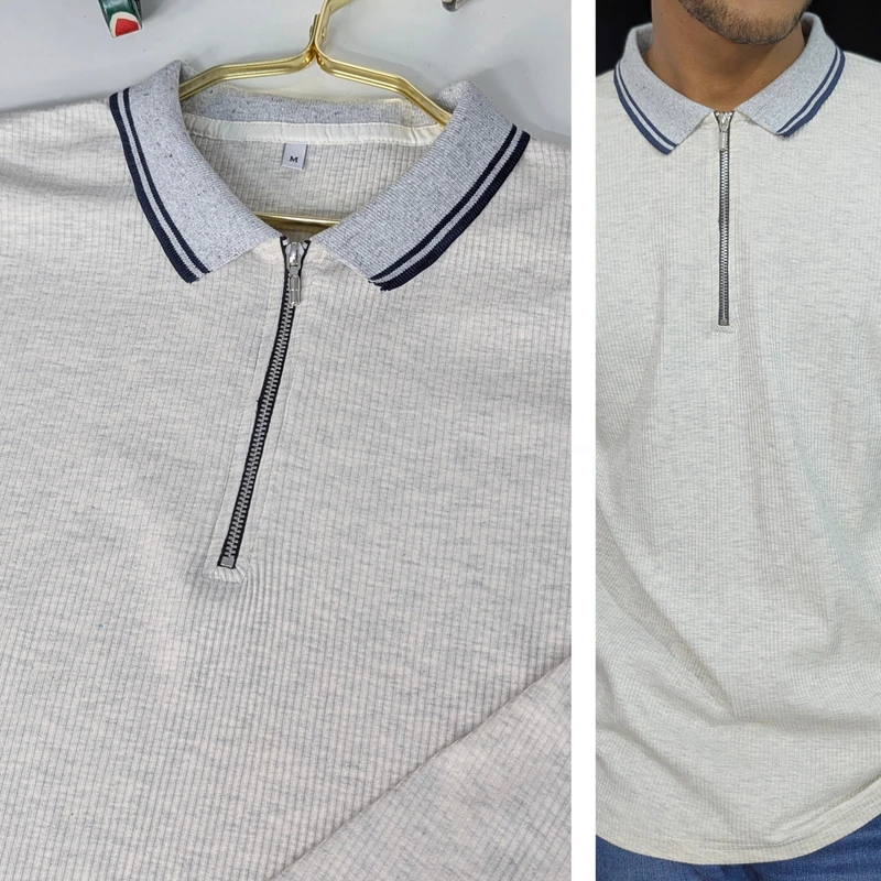 Smokey Off White Ribbed Cotton Polo. PK-11