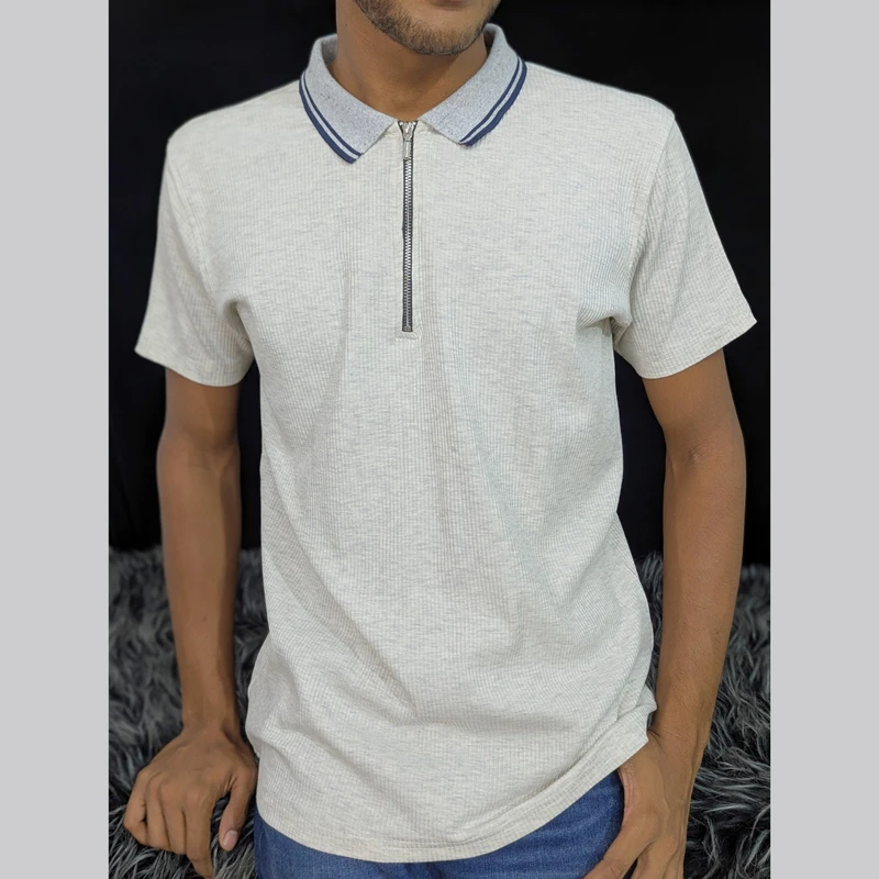 Smokey Off White Ribbed Cotton Polo. PK-11 - Image 3