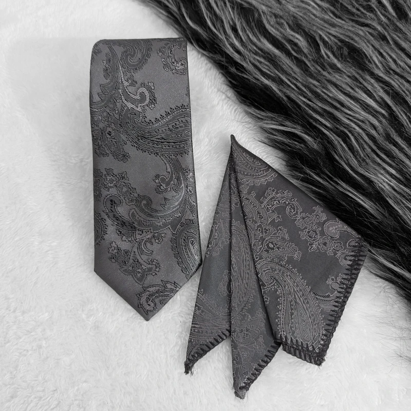 Dark Grey Paisley Neck Tie & Pocket Square Set.  TS-13