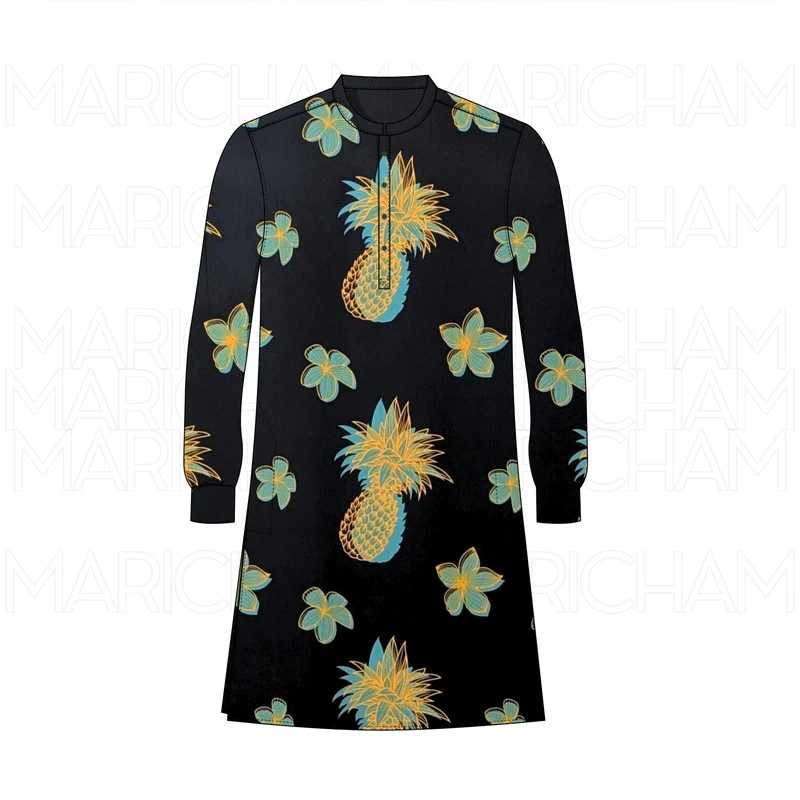 Black-Sky-Blue Pineapple Design Stretchable Fabric F942067 - Image 8