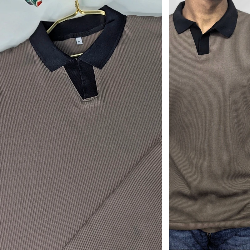 Mocha Brown Ribbed Cotton Polo. PK-04