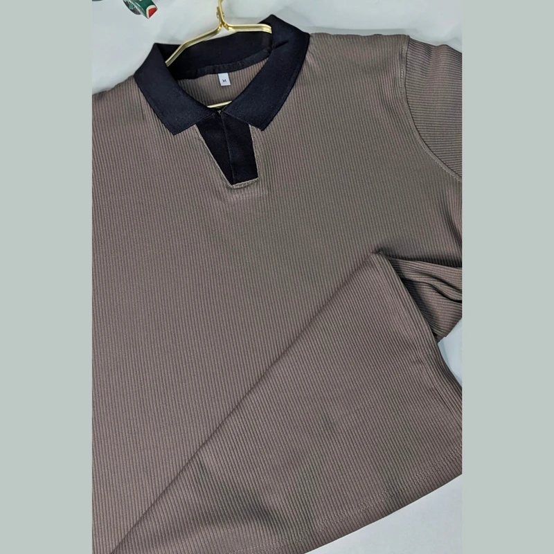 Mocha Brown Ribbed Cotton Polo. PK-04
