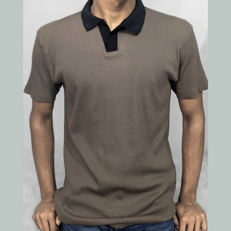 Mocha Brown Ribbed Cotton Polo. PK-04 - Image 3