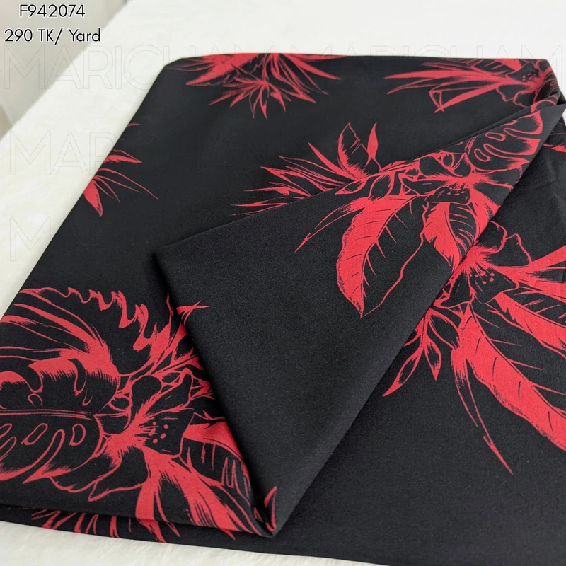 Blood Red-Black Palm Leaves Design Stretchable Fabric F942074