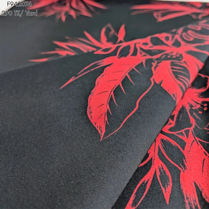 Blood Red-Black Palm Leaves Design Stretchable Fabric F942074