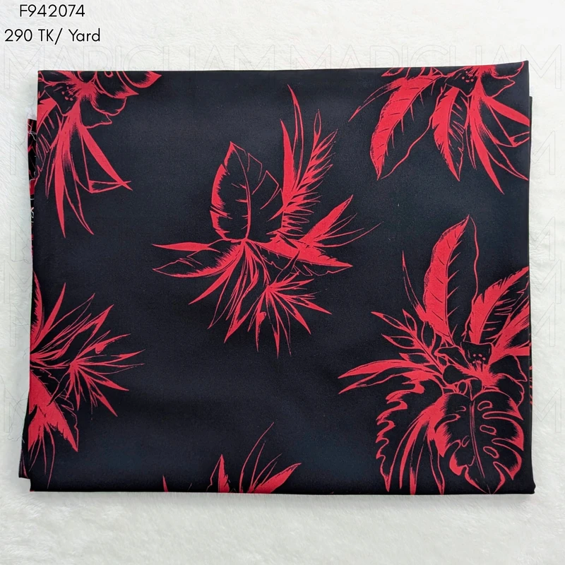 Blood Red-Black Palm Leaves Design Stretchable Fabric F942074 - Image 4
