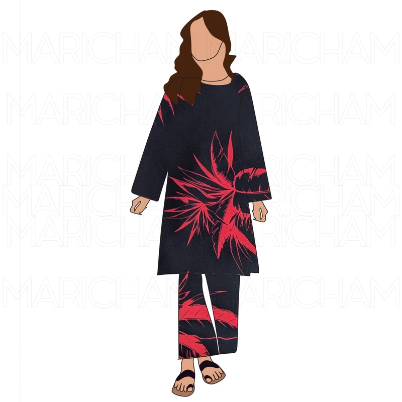 Blood Red-Black Palm Leaves Design Stretchable Fabric F942074 - Image 9