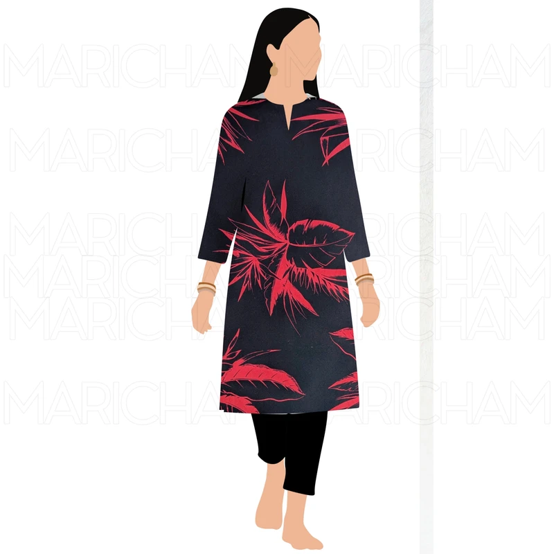 Blood Red-Black Palm Leaves Design Stretchable Fabric F942074 - Image 10