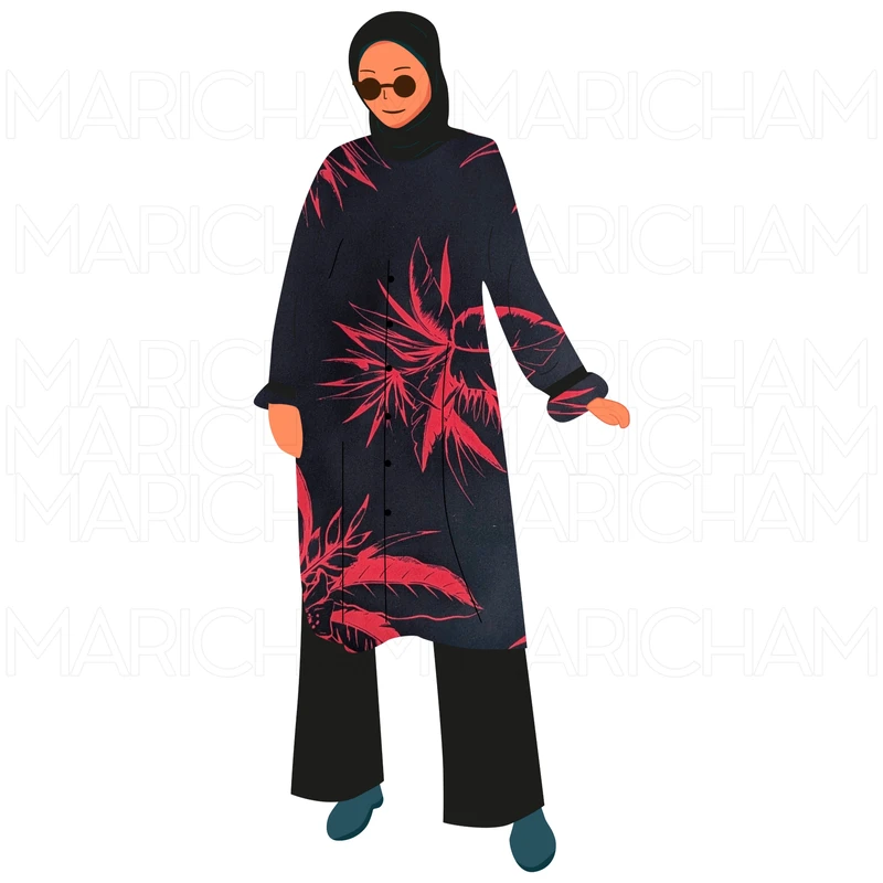 Blood Red-Black Palm Leaves Design Stretchable Fabric F942074 - Image 11