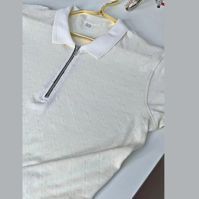 Off White Self Textured Rib Cotton Polo. PK-14