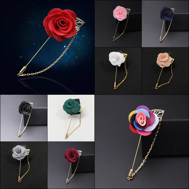 Rose Floral Lapel Pin With Metal Flower and Chain. FLP-13