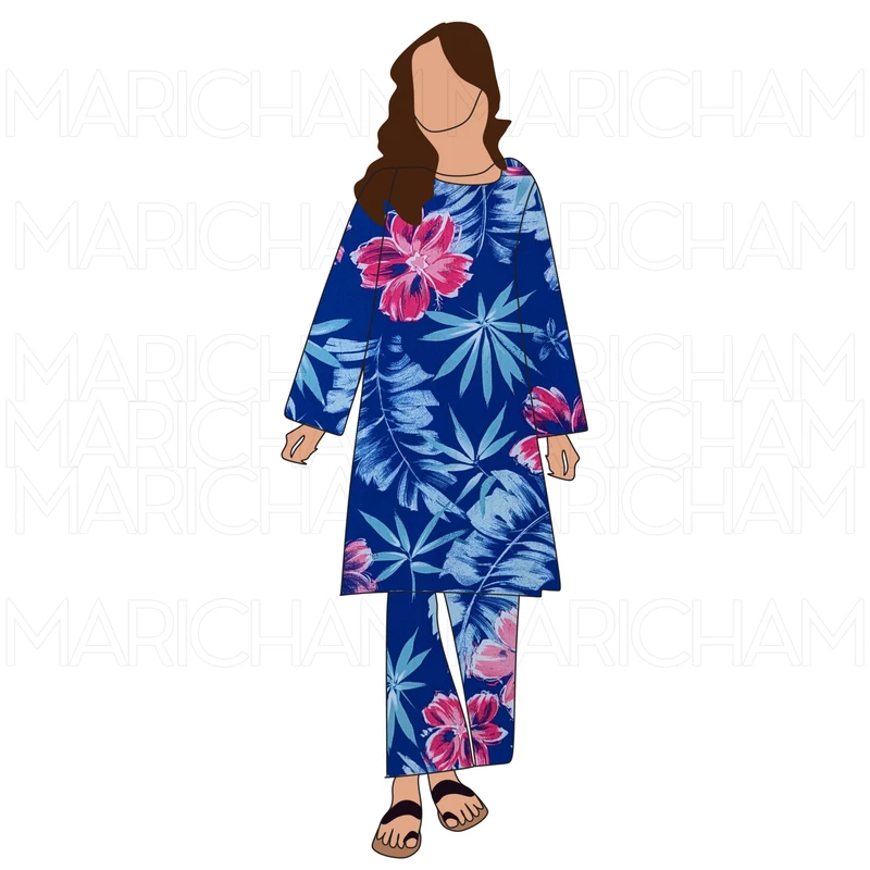 Blue-Pink-Sky Floral Design Stretchable Fabric F942073 - Image 9