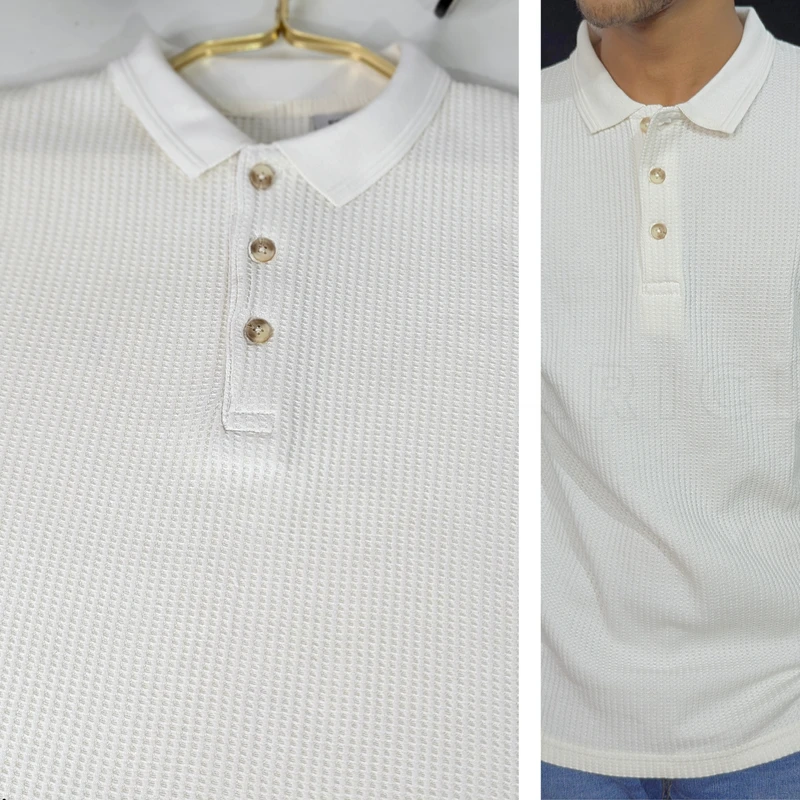 Off White Waffle Textured Rib Cotton Polo. PK-19