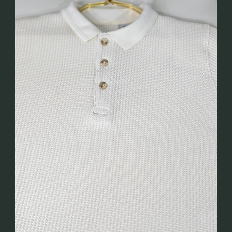 Off White Waffle Textured Rib Cotton Polo. PK-19