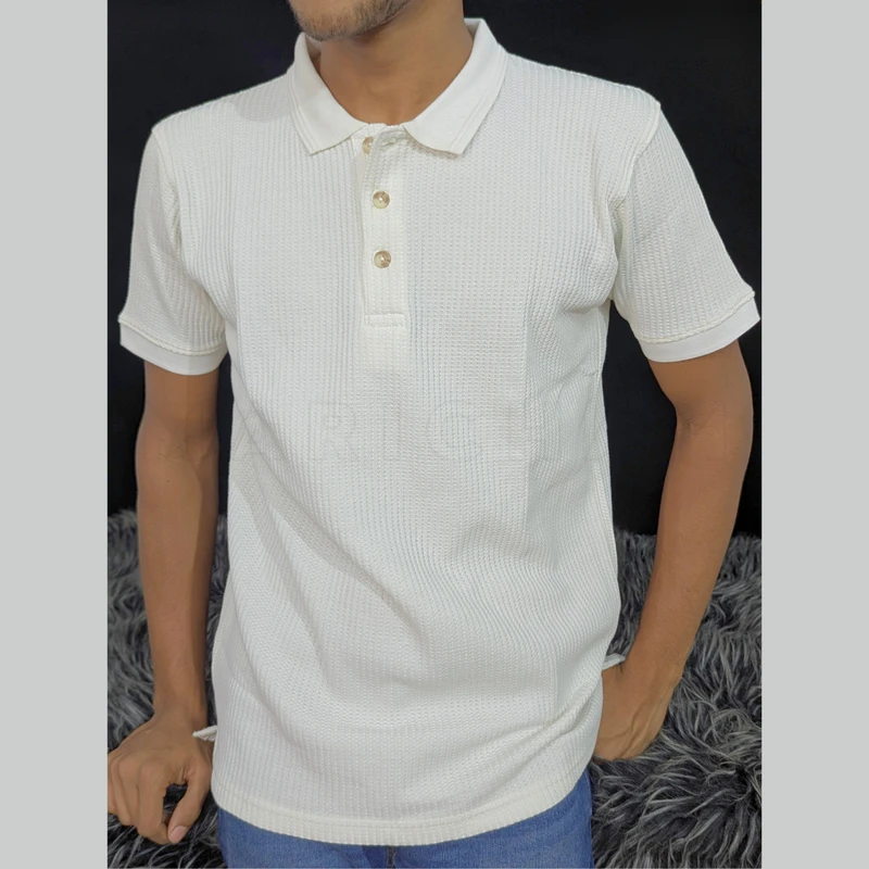 Off White Waffle Textured Rib Cotton Polo. PK-19 - Image 3