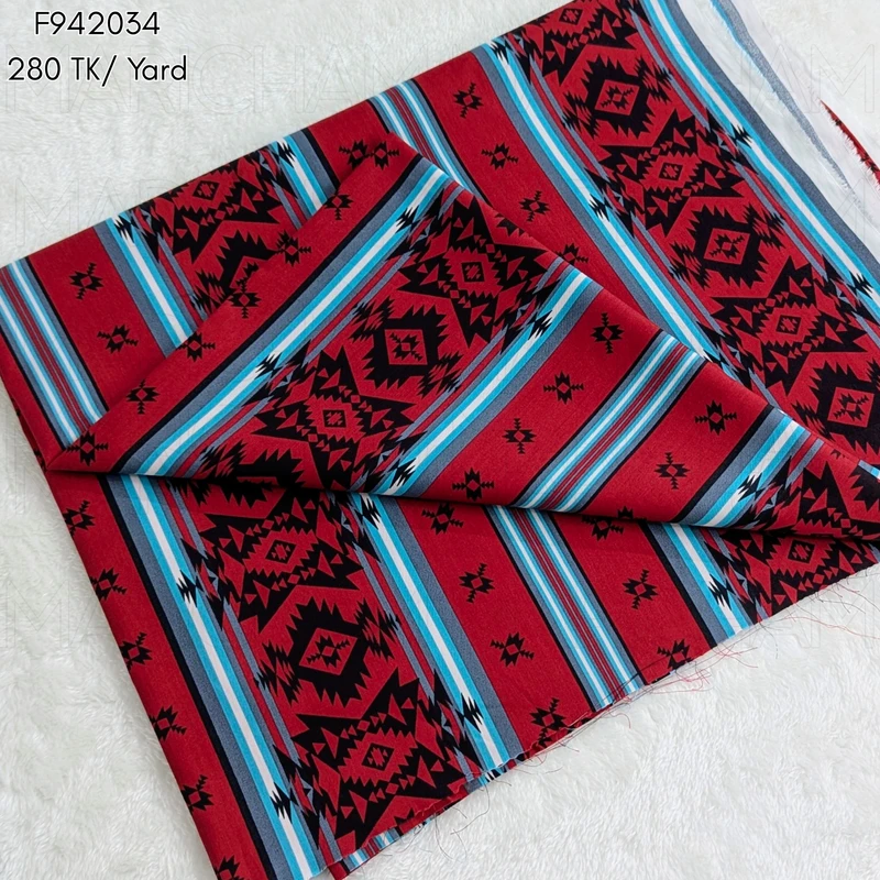 Dark Red-Sky-Black Tribal Striped Cotton Fabric F942034