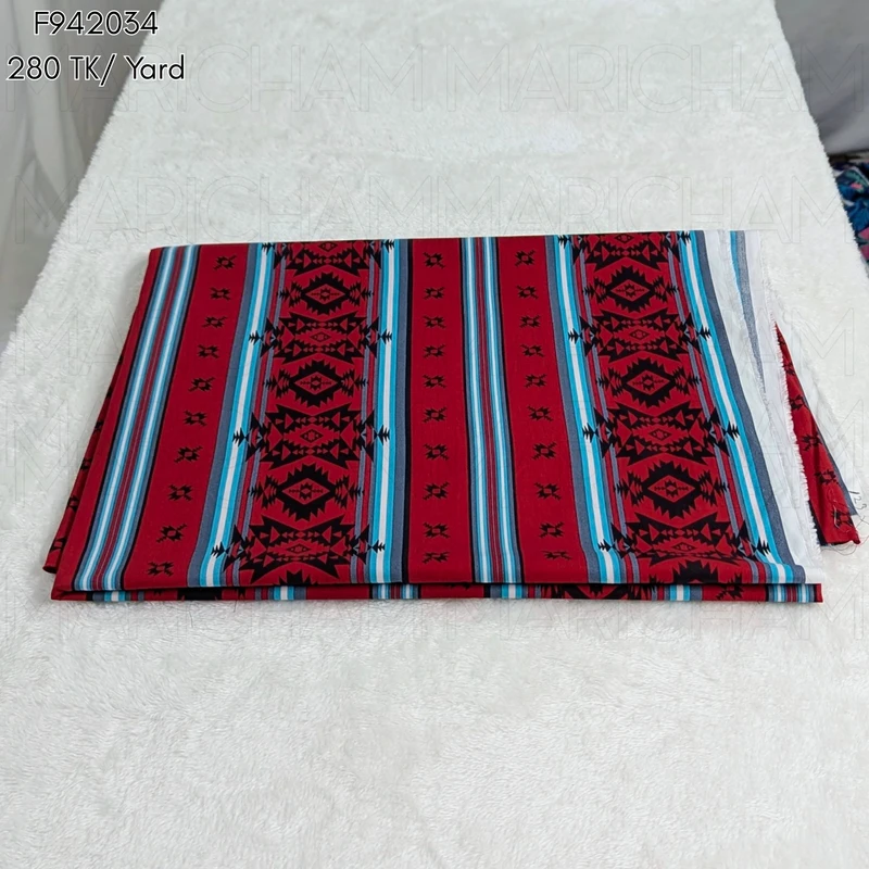 Dark Red-Sky-Black Tribal Striped Cotton Fabric F942034