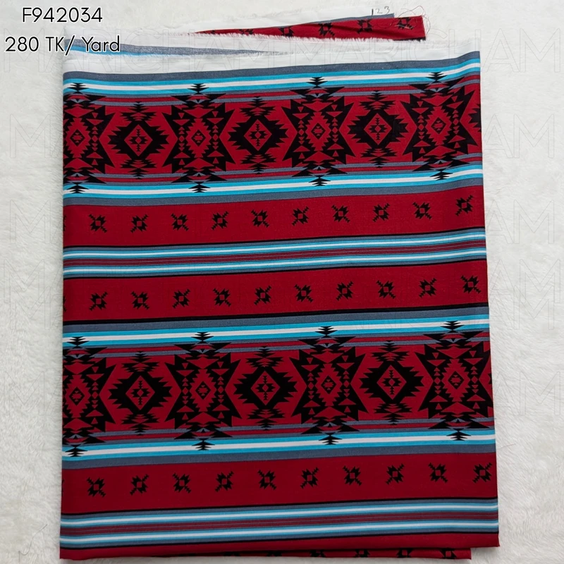 Dark Red-Sky-Black Tribal Striped Cotton Fabric F942034 - Image 3