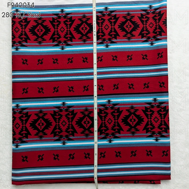 Dark Red-Sky-Black Tribal Striped Cotton Fabric F942034 - Image 4