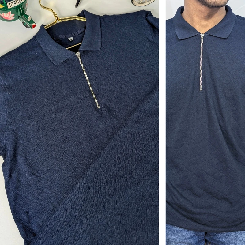 Navy Blue Self Textured Rib Cotton Polo. PK-13