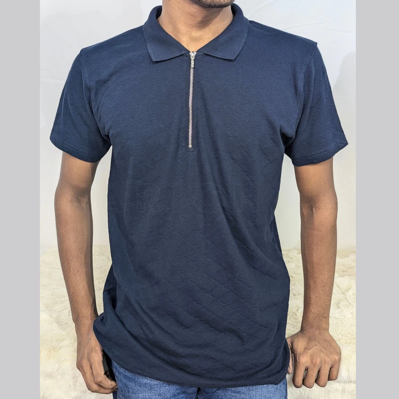 Navy Blue Self Textured Rib Cotton Polo. PK-13