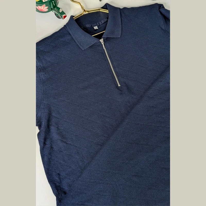 Navy Blue Self Textured Rib Cotton Polo. PK-13 - Image 3