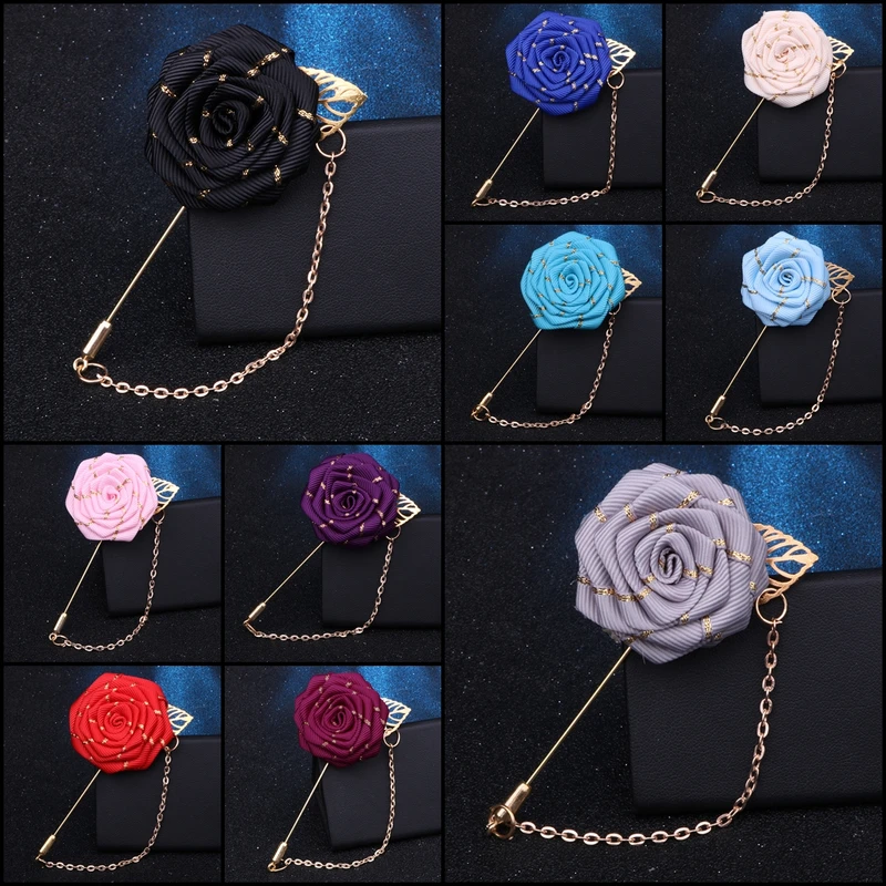 Golden Striped Floral Lapel Pin With Metal Flower and Chain. FLP-10
