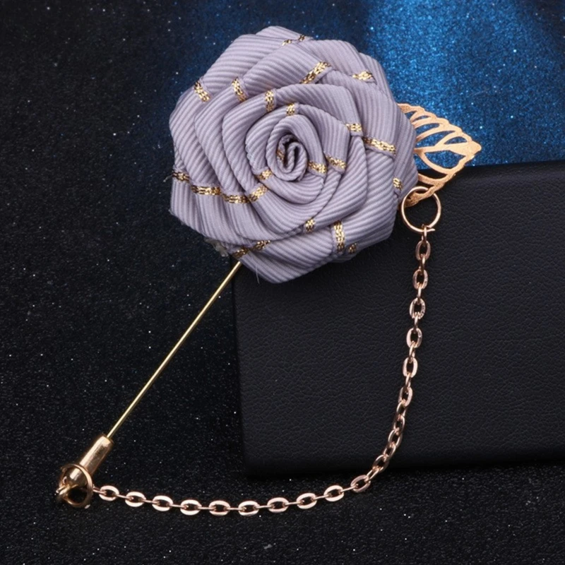 Golden Striped Floral Lapel Pin With Metal Flower and Chain. FLP-10