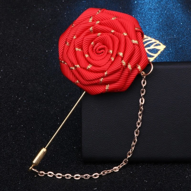 Golden Striped Floral Lapel Pin With Metal Flower and Chain. FLP-10 - Image 3