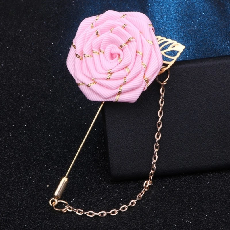 Golden Striped Floral Lapel Pin With Metal Flower and Chain. FLP-10 - Image 5