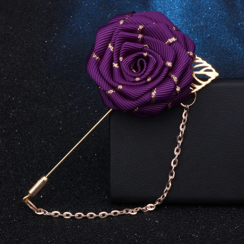 Golden Striped Floral Lapel Pin With Metal Flower and Chain. FLP-10 - Image 4