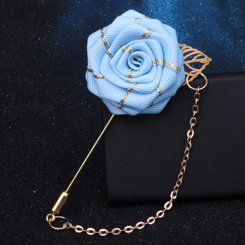 Golden Striped Floral Lapel Pin With Metal Flower and Chain. FLP-10 - Image 6