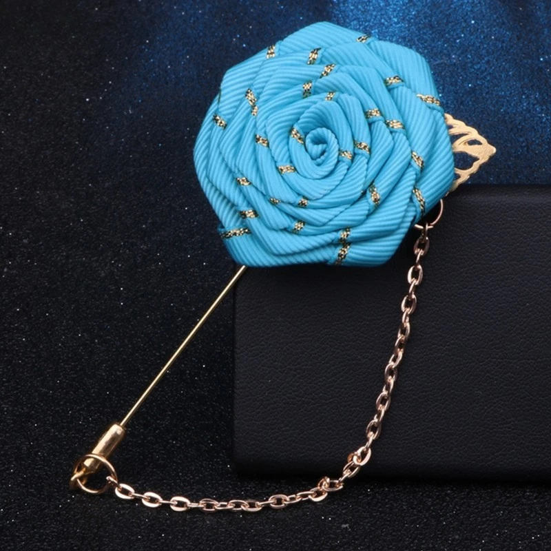 Golden Striped Floral Lapel Pin With Metal Flower and Chain. FLP-10 - Image 7
