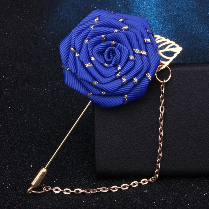 Golden Striped Floral Lapel Pin With Metal Flower and Chain. FLP-10 - Image 9